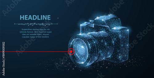 Camera. Abstract 3d polygonal wireframe modern professional camera isolated on blue. Photo art, video equipment, digital photographing, lens objective concept. Vector illustration or background

