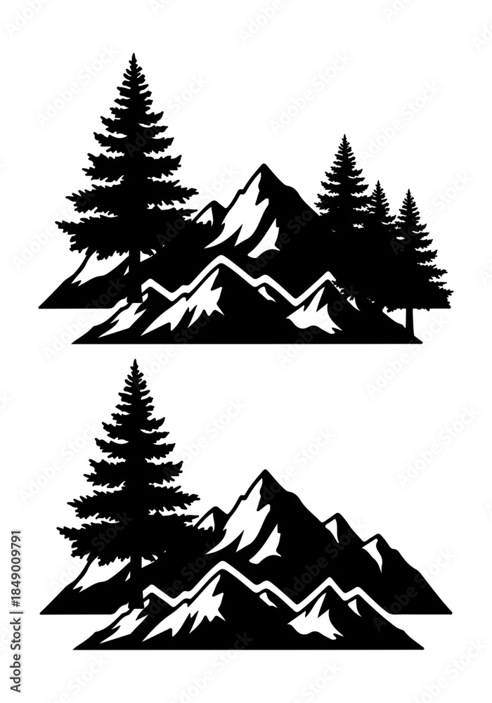 Fototapeta premium Pine forest silhouette illustration, pine tree vector art, pine tree vector, pine tree art design