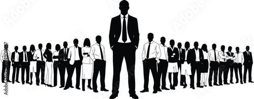 Flat vector silhouettes of business professionals standing in formation, symbolizing leadership, teamwork, corporate unity, hierarchy, and professional structure