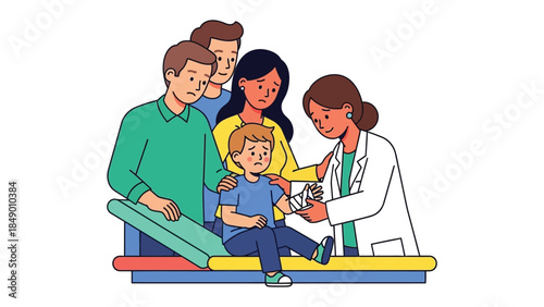 Medical Consultation: A comforting illustration of a family seeking medical attention, a doctor tenderly examines a child's injury in a supportive environment. 