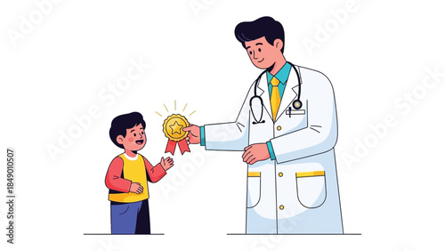 Doctor's Praise: A caring physician bestows a golden medal upon a cheerful child, symbolizing achievement and health, in a moment of positive interaction and medical care.