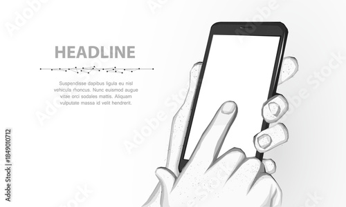 Mobile phone. Abstract polygonal wireframe closeup mobile phone with blank white empty screen in holding man hand and fingers. Illustration or background. Communication app smartphone concept

