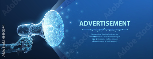 Bullhorn. Abstract vector 3d megaphone on blue background. Communication, announcement message, shout speech, warning alert concept. Promotion advertisement, marketing, propaganda information symbol.
