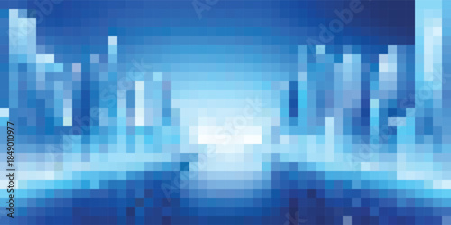 Abstract Blue Digital Cityscape with Glowing Lights.