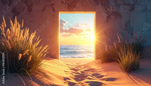An open portal frames ocean, reeds, and sunset