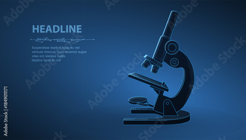 Microscope. Abstract vector 3d professional school microscope isolated on blue background. Science laboratory, medical equipment concept. Lab research, microbiology analyze, clinical diagnostic symbol