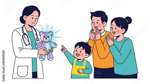 Teddy bear magic in a Pediatrician's office: A pediatrician presents a magical teddy bear to a thrilled child, his parents watch in anticipation.