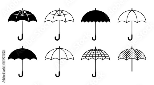 Black and white umbrella in flat with varied patterns isolated umbrellas symbol