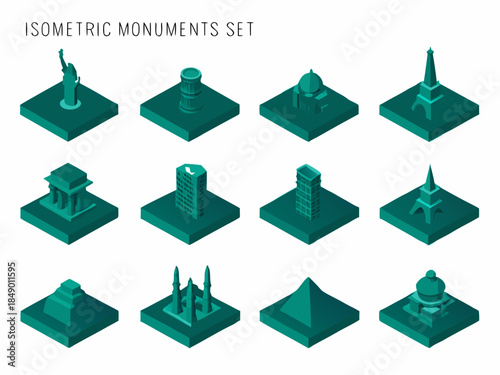 Isometric world landmarks a collection of famous monuments in teal tones