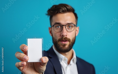 Young handsome business man with beard holding id card identification over blue background with surprise face pointing finger to himself. High quality