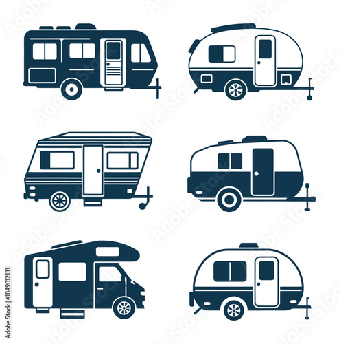 Different camper trailers and R Vs in blue outline editable motorhome