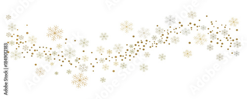 snowflake wave border. Curved winter frame with golden snowflakes, stars, and glitter, dots, christmas holiday decorative pattern vector for cards and festive design background.