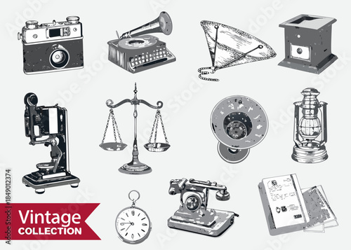 A collection of antique objects cameras gramophones scales and communication devices