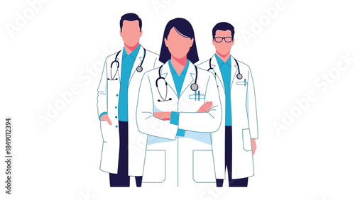 Medical Professionals: A team of dedicated medical professionals, in pristine white coats and with stethoscopes, standing together with unwavering focus, ready to provide care.