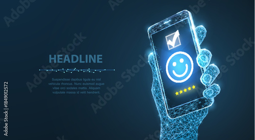 Feedback. Positive, customer feedback or review with happy smile face icon on phone.

