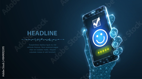 Feedback. Positive, customer feedback or review with happy smile face icon on phone.

