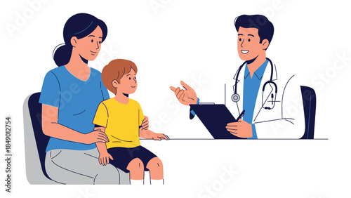 Checkup Conversation: A supportive mother accompanies her child to a healthcare appointment. A kindly healthcare professional engages the boy in a friendly conversation in a caring environment.