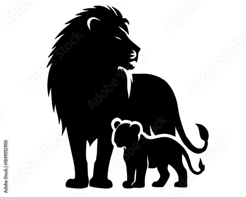 silhouette of father lion with his cub, vector illustration icon isolated on white background
