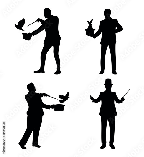 Magician silhouette collection performing classic magic tricks