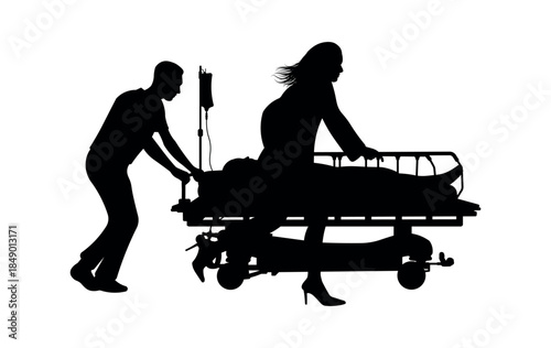 Medical team pushing patient on hospital stretcher with iv drip silhouette
