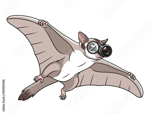A cartoon sugar glider or flying squirrel wearing goggles and gliding through the air.