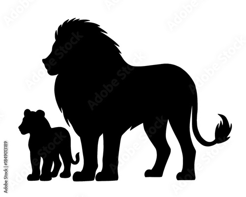 silhouette of father lion with his cub, vector illustration icon isolated on white background
