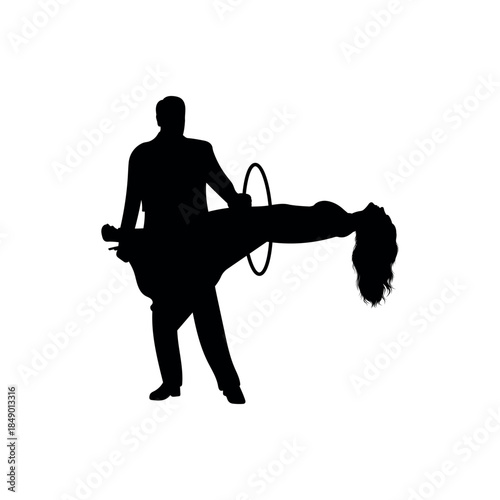 Magician performing levitation illusion with hoop silhouette