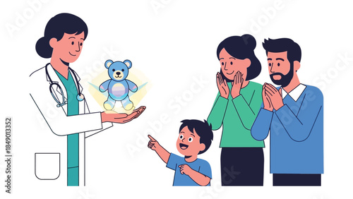 Teddy Bear's Gift of Wellness: A caring medical professional presents a comforting teddy bear to an excited child and his supportive parents, symbolizing hope and well-being. 