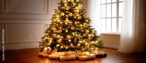 A Christmas tree decorated with lights and ornaments stands in a living room filled with gifts, creating a festive atmosphere at night