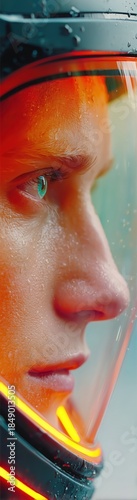 Side profile close up of caucasian woman wearing transparent helmet with warm reflections and cold background Concept of space exploration and human curiosity