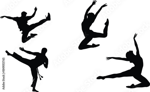 set of silhouettes of ballet dancers and karrate
