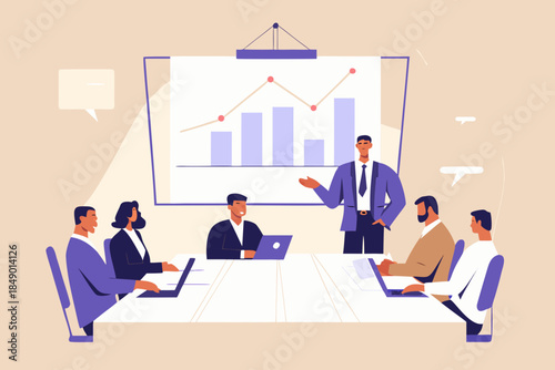 A business presentation is being delivered to a group of colleagues in a meeting