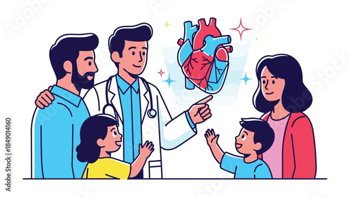Heart Health Consultation: A doctor points to a vibrant illustration of a heart, educating a family about cardiovascular wellness, emphasizing preventive care and holistic health.