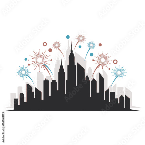 City skyline silhouette with colorful fireworks exploding above, celebrating a festive event or holiday.