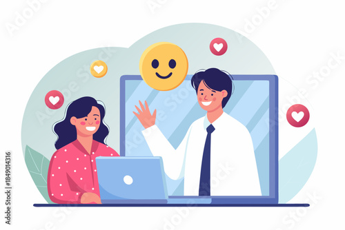 People connecting through video call featuring a smiling face and heart icons