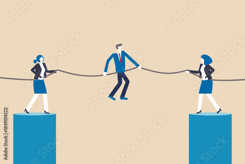 Business people pulling rope with a man balancing in the middle