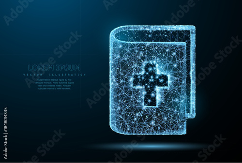 Bible with cross. Polygonal wireframe mesh looks like constellation on blue night sky with dots, stars. Christianity, religion symbol, illustration or background

