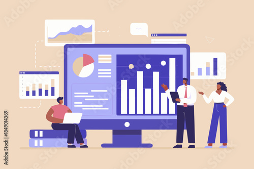 Data analysis and business solutions displayed on a computer screen with team