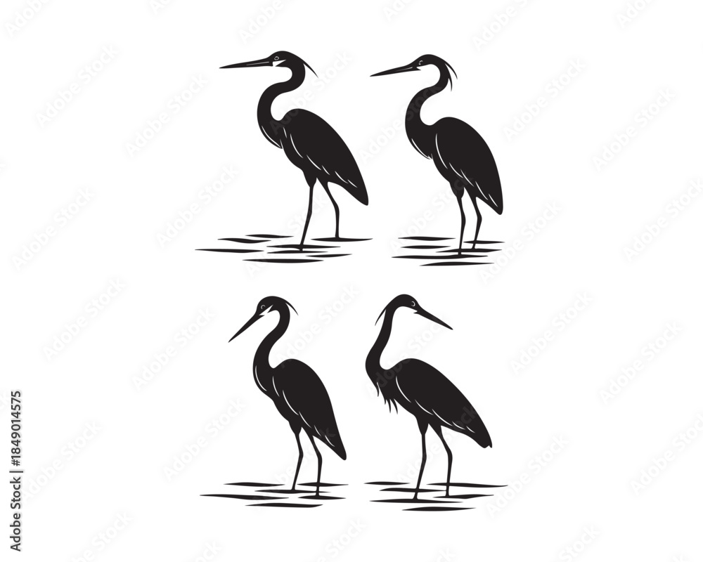 Obraz premium Heron bird silhouette, Heron shallow water silhouette vector illustration set collection, heron silhouette, heron bird silhouette, heron standing silhouette, heron in shallow water silhouette,