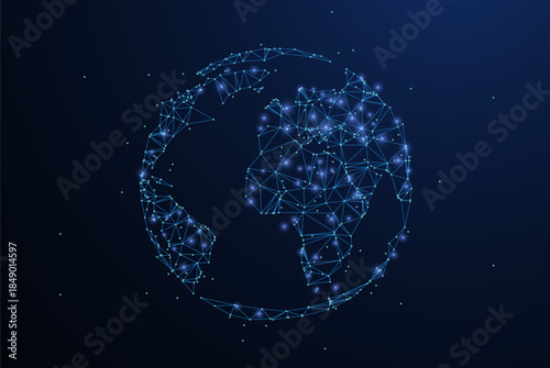 Globe. Simple polygonal wireframe mesh looks like constellation on blue night sky with dots and stars. Transport, internet, global or other concept illustration or background


