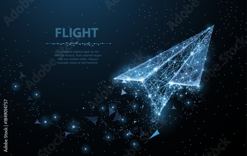 Paper airplane. Low poly wireframe mesh looks like constellation on dark blue background with dots and stars. Stardust trail effect. Travel, freedom and aviation concept illustration or background

