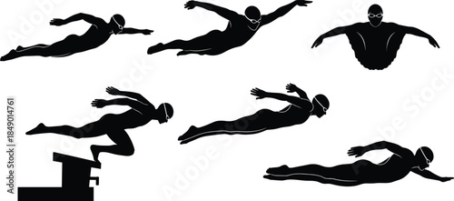 Butterfly stroke swimmer sequence, black silhouette icons, dynamic swim motion graphics, competitive swimming poses, vector athlete illustrations, minimal sport design