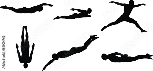Diving silhouette icon set, black jump poses, vector athlete graphics, dynamic motion illustrations, minimal sport symbols, expressive human design pack