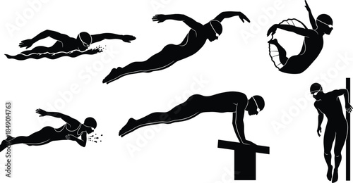 Swimmer silhouette icon set, black swim poses, vector swimming graphics, competitive swim illustrations, dynamic water sport symbols, minimal athlete design