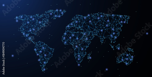 World map. Polygonal wireframe mesh looks like constellation on blue night sky with dots, stars. Travel, internet, Earth or other concept illustration or background

