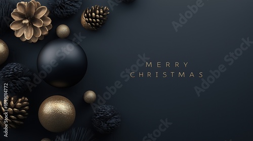 A minimalistic black and gold Christmas background with the text Merry Christmas on a dark grey surface, featuring elegant ornaments.