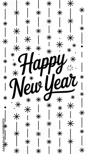 New Year's Greetings: Artistic typography spells Happy New Year, accompanied by a shower of elegant starbursts that embodies the celebratory spirit of a new beginning.