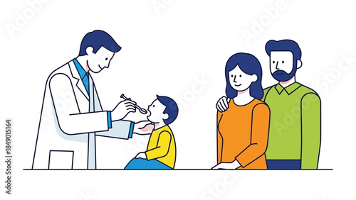 Health Check: A medical professional conducts a routine examination of a young patient, with supportive parents standing close by. The scene radiates care, health and trust. 