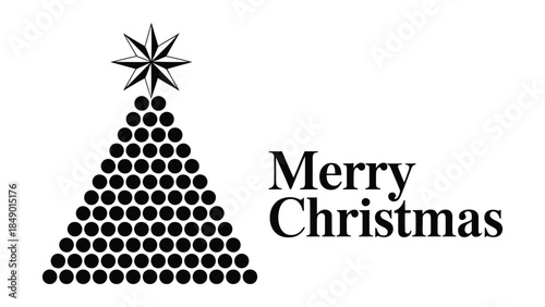 merry christmas typographic illustration with abstract dotted christmas tree and star, black and white minimal holiday design for greeting cards, posters, prints and seasonal branding 