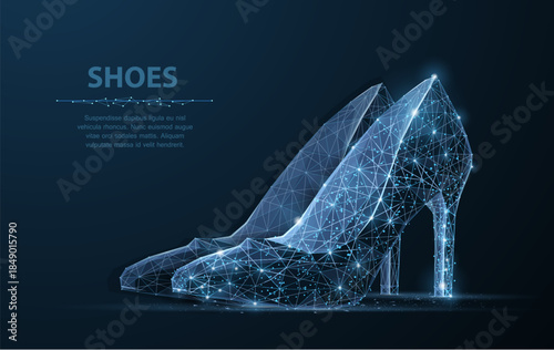 Woman shoe. Abstract vector polygonal female high heel shoe illustration on dark blue background with stars. Women fashion accessory. Elegance, glamour, beauty symbol

